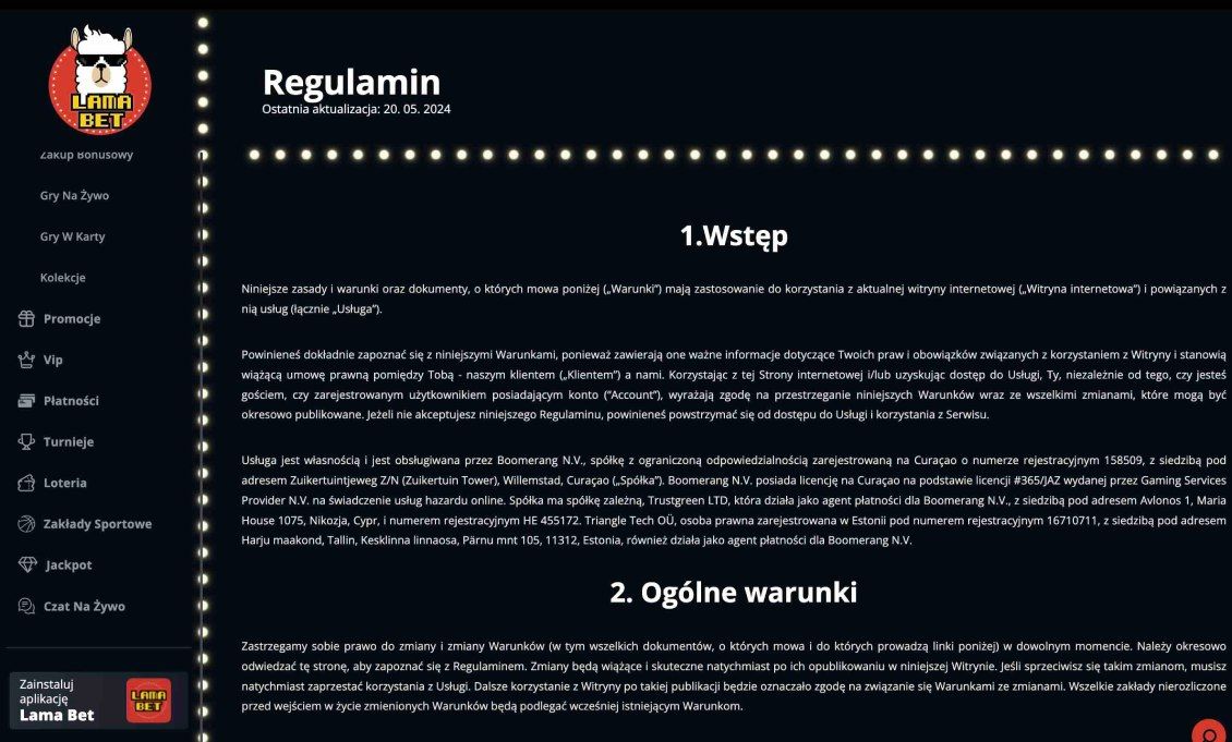 Obraz strony z warunkami korzystania z kasyna Lamabet