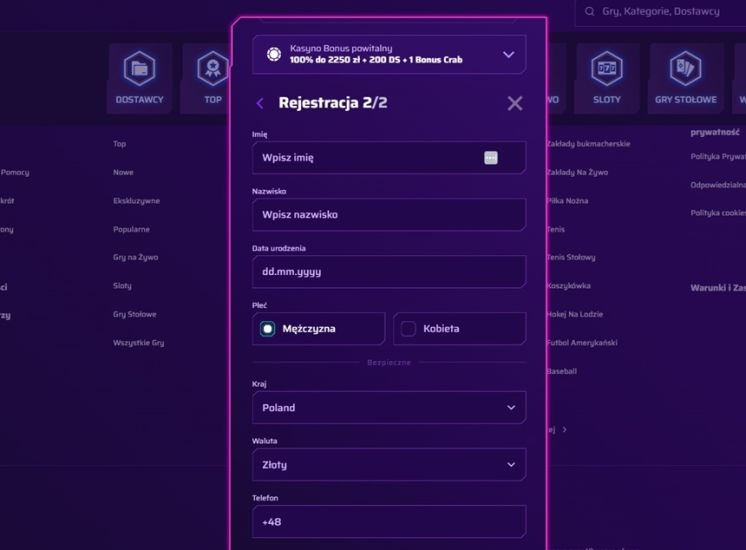 Zrzut ekranu z procesu rejestracji w kasynie Robycasino - krok 3