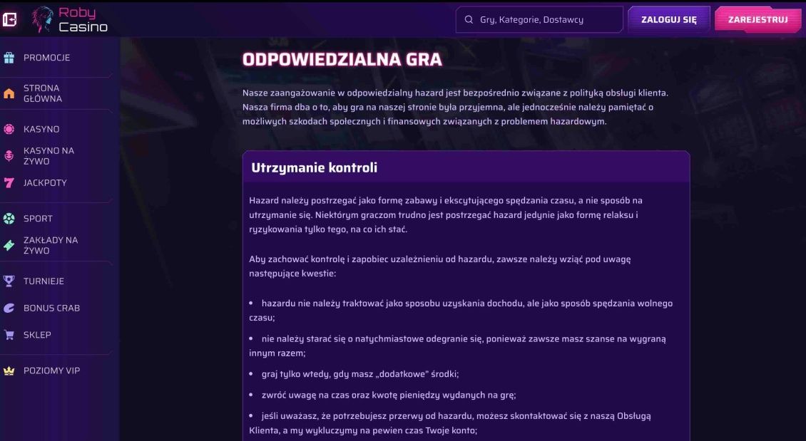 Obraz strony kasyna Robycasino na temat odpowiedzialnej gry