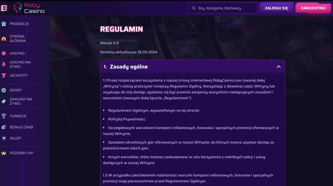 Obraz strony z warunkami korzystania z kasyna Robycasino