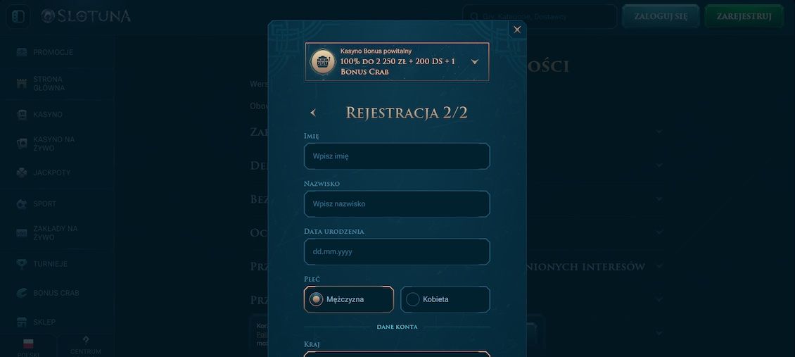 Rejestracja w kasynie Slotuna - krok 4