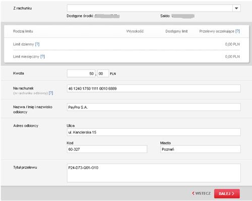 dane do przelewu wypełniają się automatycznie - Paysafecard